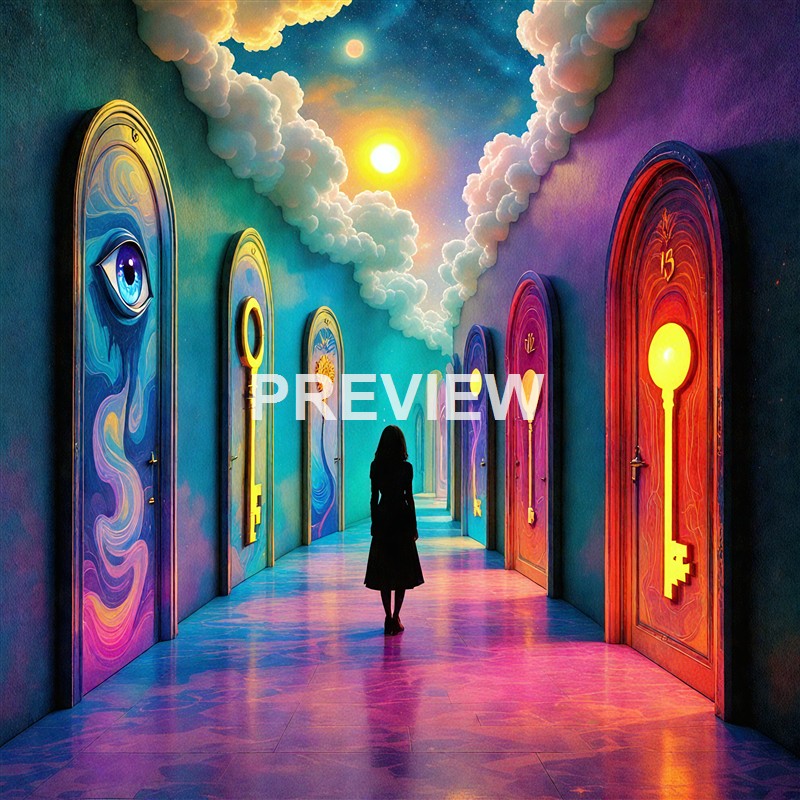 A woman walking through a colorful, surreal corridor with doors that have various symbolic designs, under a vibrant sky with clouds and a bright sun.